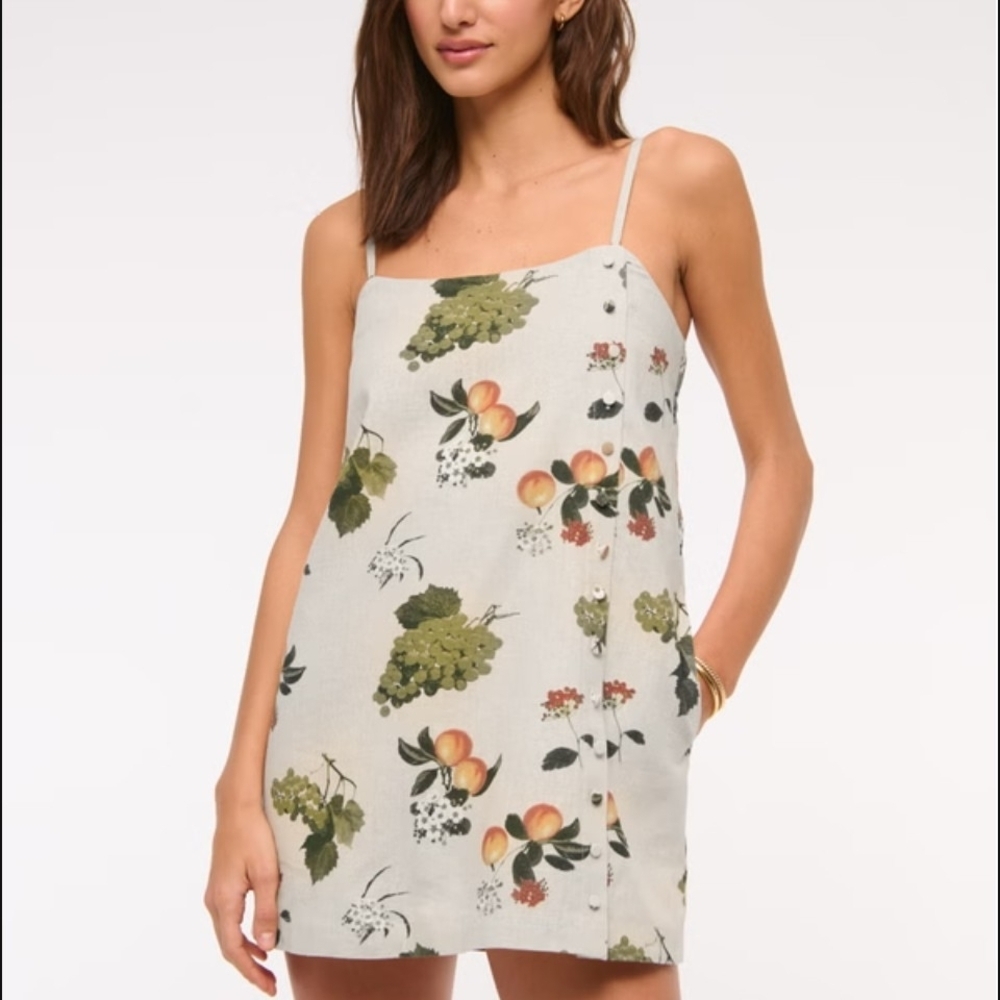 NWT Abercrombie & Fitch Linen-Blend Fruit Patterned Mini Dress In Ivory - XL